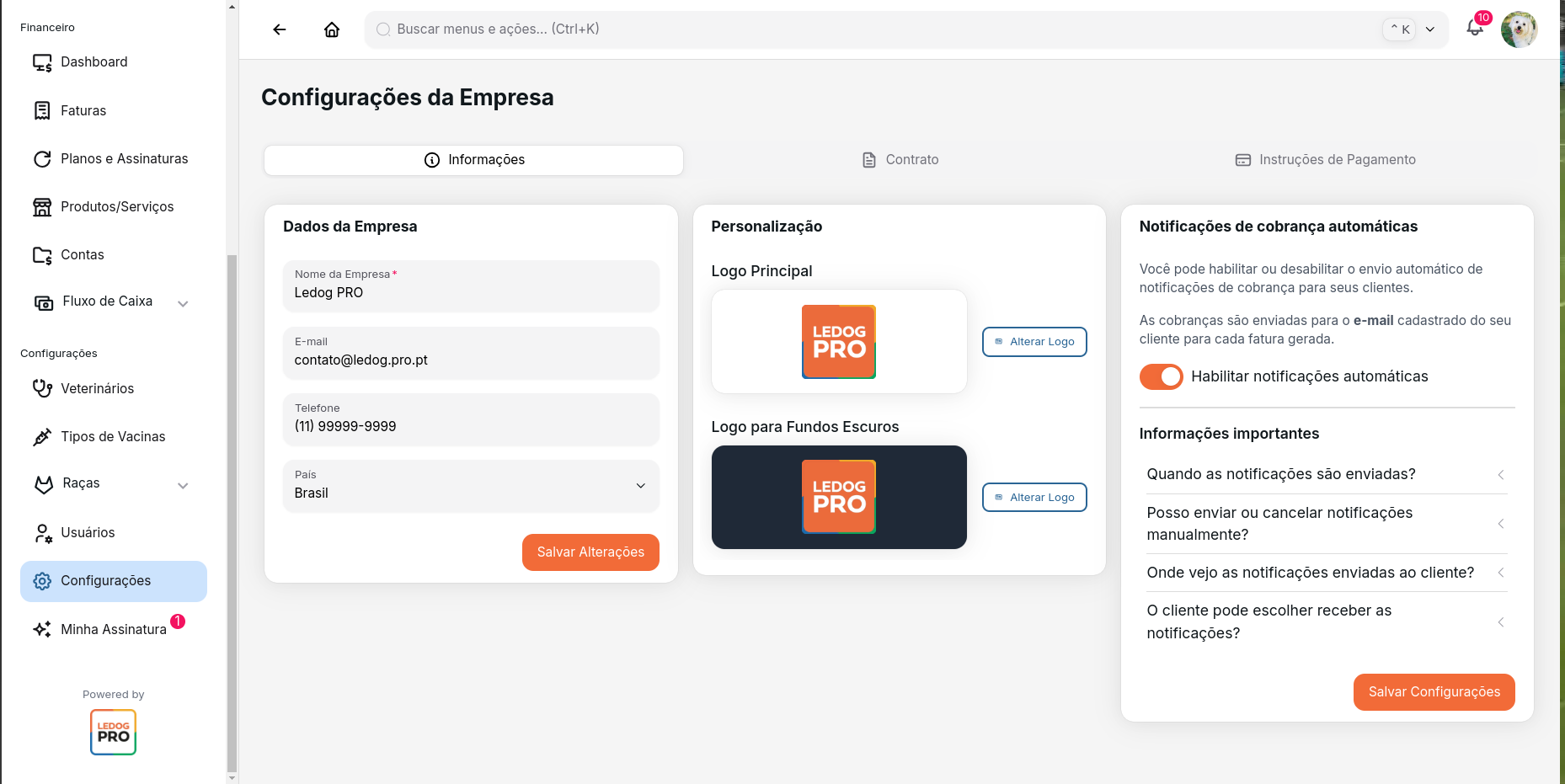 Tela de Informações da Empresa