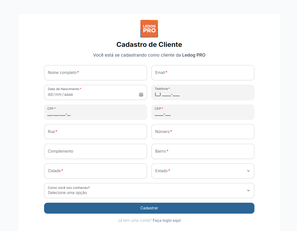 Tela de auto-cadastro do cliente no Ledog PRO